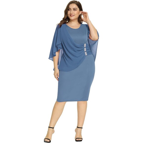 Women's Plus Size Chiffon Ruffle Cape Sleeve Bodycon Dress for Elegance - Picture 3 of 5